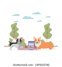 dogs with bowl and pet food on landscape