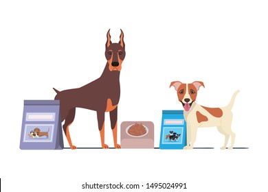 dogs with bowl and pet food on white background