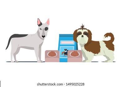 dogs with bowl and pet food on white background