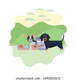 dogs with bowl and pet food on landscape