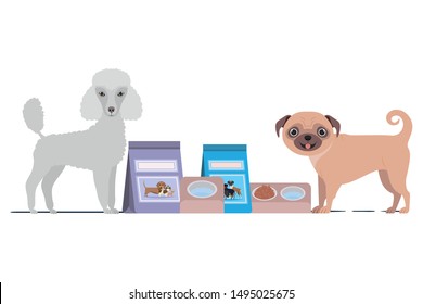 dogs with bowl and pet food on white background
