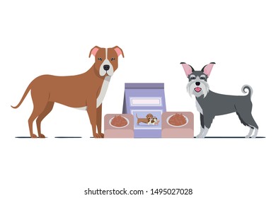 dogs with bowl and pet food on white background