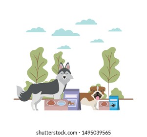 dogs with bowl and pet food on landscape