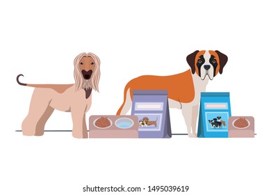 dogs with bowl and pet food on white background