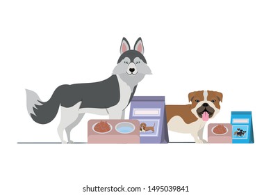 dogs with bowl and pet food on white background