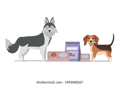 dogs with bowl and pet food on white background