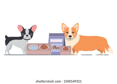 dogs with bowl and pet food on white background