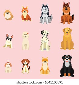 Dogs, Breed as icon cartoon style, Shiba inu, French bulldog, corgi, Siberian Husky, Dalmatian, in icon collection set.