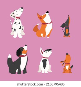 Dogs, Breed as icon cartoon style, Dalmatian, Dachshund, Bernese Mountain Dog, Corgi, Bull Terrier, in icon collection set. Isolated green background.