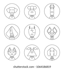 Dogs breed set. Linear design on white background. Front view of the dog. Line with editable stroke. A collection of dog breeds such as Huskies, Labrador, Doberman, toy Terrier, Terrier, Spaniel