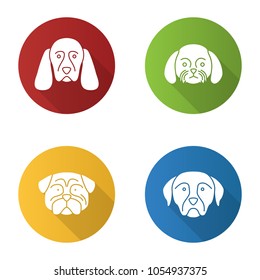 Dogs breeds flat design long shadow glyph icons set. Cocker Spaniel, Shih Tzu, pug, Rottweiler. Vector silhouette illustration