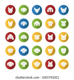 Dogs breeds flat design long shadow glyph icons set. Guide, guardian, hunting, herding dogs. Vector silhouette illustration