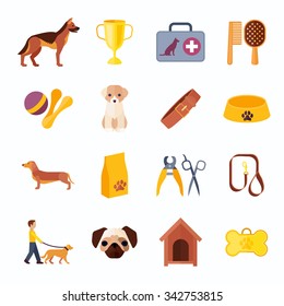 Dogs breeds flat icons collection with veterinary kit and prize winner toy bone abstract isolated vector illustration