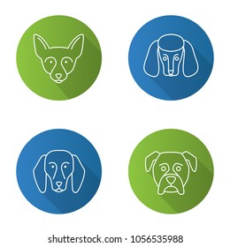 Dogs breeds flat linear long shadow icons set. Chihuahua, poodle, beagle, boxer. Vector outline illustration