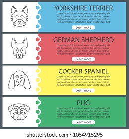 Dogs breeds web banner templates set. Yorkshire Terrier, German Shepherd, Cocker Spaniel, pug. Website color menu items with linear icons. Vector headers design concepts