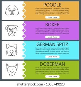 Dogs breeds web banner templates set. Poodle, boxer, German Shpitz, Doberman. Website color menu items with linear icons. Vector headers design concepts