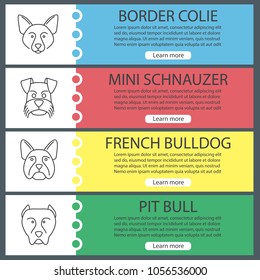 Dogs breeds web banner templates set. Border Collie, Mini Schnauzer, French bulldog, pit bull. Website color menu items with linear icons. Vector headers design concepts