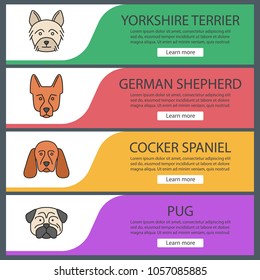 Dogs breeds web banner templates set. Website color menu items. Yorkshire Terrier, German Shrpherd, Cocker Spaniel, pug. Vector headers design concepts