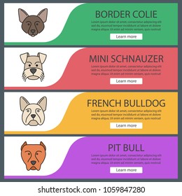 Dogs breeds web banner templates set. Website color menu items.  Border Collie, Mini Schnauzer, French bulldog, pit bull. Vector headers design concepts