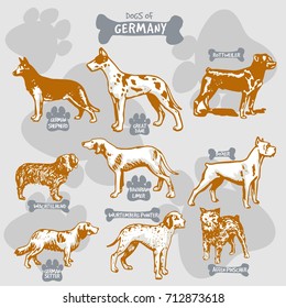 Dogs breeds of the world vector draw and shilouette on isolated illustration by countries with names, Germany 1