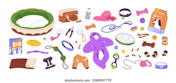 Dogs care items and toys set. Different accessories for puppies, domestic animals. Supplies for pets: carrier bag, bed, collar, bowl, feed, brush, ball. Flat isolated vector illustrations on white