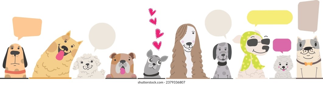 Dogs cartoon with speech bubble 2d vector isolated hound,bulldog,maltipoo, cute dog set