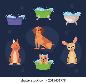 dogs cartoons bathing collection on blue background