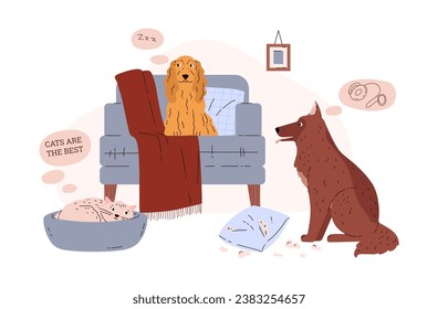 Dogs and cat, pets at home in room, vector illustration isolated on white background. Cute animals made a mess in home, interiors with armchair and pillows. Drawn in a simple flat cartoon style