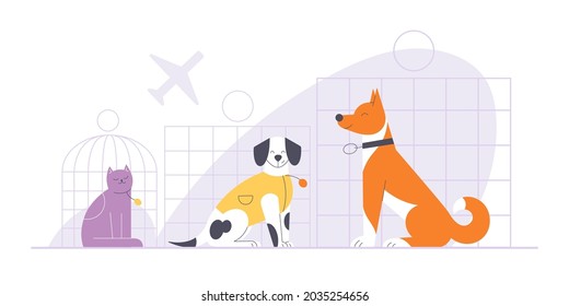 Dogs and cat sitting in crates at the airport. Pets air traveling concept flat vector illustration. 