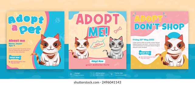 dogs and cats adoption social media post template with cute pets and animal . Adopt me banner, happy pet, cats. Vector cartoon illustration for pet adopt