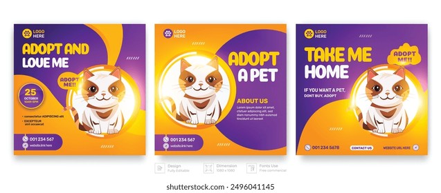 dogs and cats adoption social media post template with cute pets and animal . Adopt me banner, happy pet, cats. Vector cartoon illustration for pet adopt