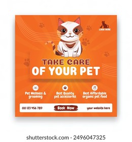 dogs and cats care social media post template with cute pets and animal . happy pet, cats. Vector cartoon illustration for pet care