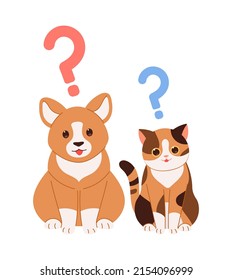 Dogs and cats with curious expressions. big question mark. Cute pet concept illustration.