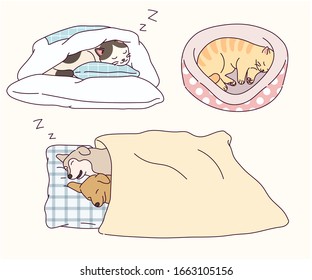 Dogs and cats funny sleeping poses. Animals are cutting pillows like humans. hand drawn style vector design illustrations. 