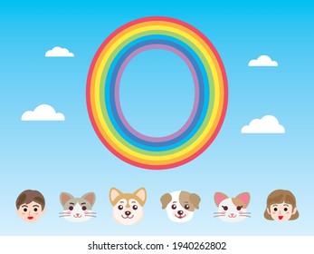 Dogs, cats and letter of 0 of the rainbow in the blue sky