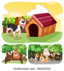 Dogs and cats in the park illustration