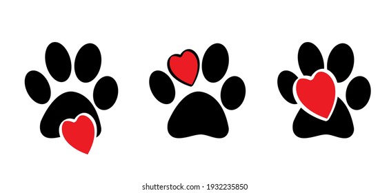 Dogs or cats paws with love hearts symbol. Cartoon dogs or cats footprint, Funny vector dog or cat signs. Lovers silhouette. Animals day. Funny footsteps or steps with heart. 