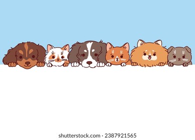 Dogs and cats peek out from behind white banner designed to advertise veterinary clinic or private doctor for pets. Cute kittens and puppies for advertising animal shelters or pets hotels