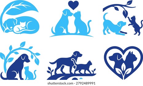 Dogs and cats playing, cuddling, resting together, under branches, heart shape, vector art.