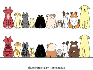 dogs and cats in a row with copy space,front and back