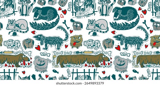 Cachorros e gatos fundo de crianças sem costura para o seu tecido, crianças têxteis, vestuário, decoração de berçário, papel de embrulho de presente, camisa do bebê. desenho de mão. Não AI, ilustração Vetorial.