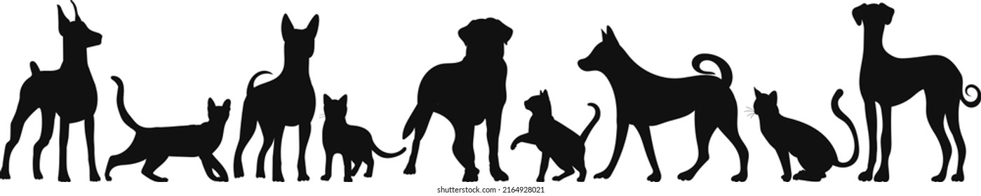 silueta de perros y gatos sobre fondo blanco, aislados, vectorial