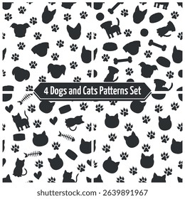 Dogs and Cats Silhouette Patterns Set - 4 Black and White Patterns with Footprints, Bones, Food and more. Seamless Link.