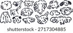 Dogs chalk scribbles set in whimsical sketchy style. Charcoal sketch drawings of funny puppy heads. Cute canine animals, outline hand-drawn line art doodles. Creative handdrawn vector illustrations