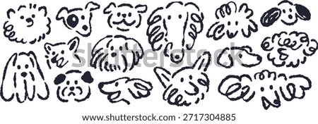 Dogs chalk scribbles set in whimsical sketchy style. Charcoal sketch drawings of funny puppy heads. Cute canine animals, outline hand-drawn line art doodles. Creative handdrawn vector illustrations