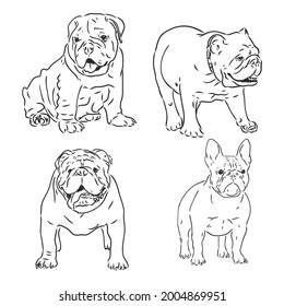 Dogs characters doodle sticker english bulldog. Funny animals isolated set