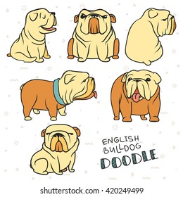 Dogs characters doodle sticker english bulldog. Funny animals isolated set