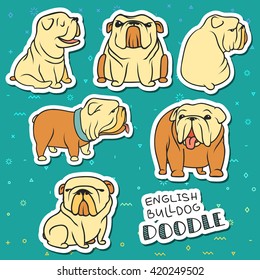 Dogs characters doodle sticker english bulldog. Funny animals isolated set