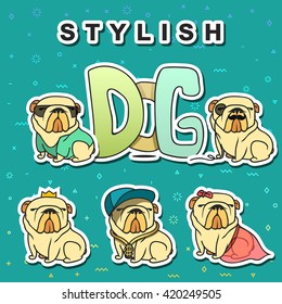 Dogs characters doodle sticker english bulldog. Funny animals isolated set