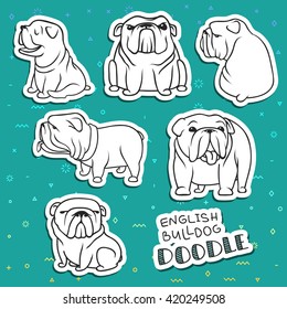 Dogs characters doodle sticker english bulldog. Funny animals isolated set